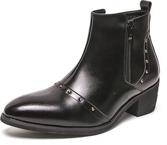 Generic Mens PU Leather Chelsea Ankle Boots Rhinestones Side Zipper Pointed Toe Business Chukka Boots Casual Comfortable Dress Bootie,Black,8.5 UK