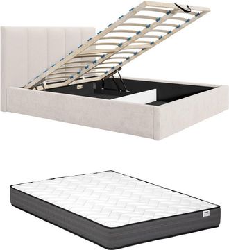 Vente-Unique Canapé abatible de 160 x 200 cm con cabecero de costuras verticales - Tela - Beige - Con colchón - KILACLO