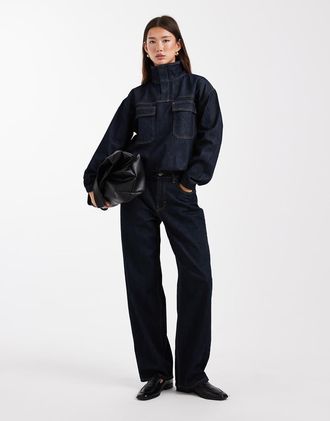 Asos Camicia blu indaco in denim con scollo a imbuto-Blu navy