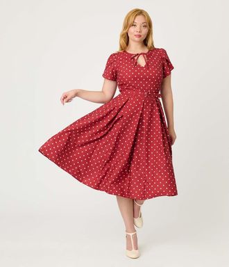 Unique Vintage Short Petal Sleeve Tie Neck Dahlia Swing Dress in Red & Ivory Dot at Nordstrom, Size Medium