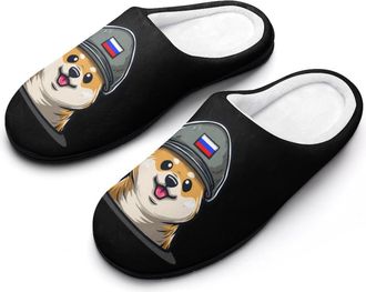 Generic Corgi Dog in Military Russian Flag Hat Funny Mens Cotton Slippers Soft Non-Slip Rubber Sole House Slipper Indoor Outdoor