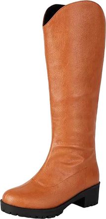 Generic Womens Chic Knee High Riding Boots Round Toe Medium Chunky Heel Platform With Functional Side Zipper Equestrian Style