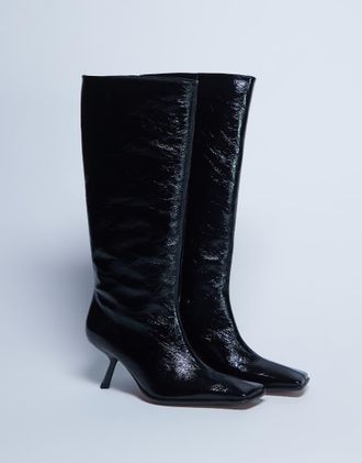 Topshop Scarlett - Stivali al ginocchio premium a punta quadrata in pelle neri-Nero