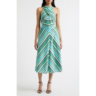 Tahari by ASL Stripe Cross Neck Midi Dress in Parakeet Multi at Nordstrom, Size 14