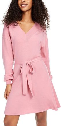 Sequin Hearts Womens Juniors V Neck Fit and Flare Sweaterdress Pink S