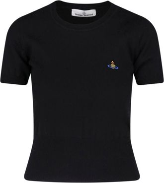 Vivienne Westwood Cropped Black Fitted T-Shirt with Embroidered Emblem