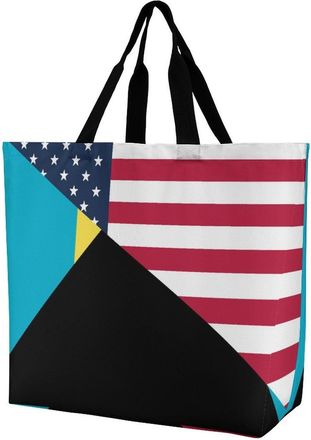 Generic U.S. And Bahamas Flag Reusable Shopping Bags Large Capacity Grocery Bag Heavy Duty Tote for Women 40x40x16cm