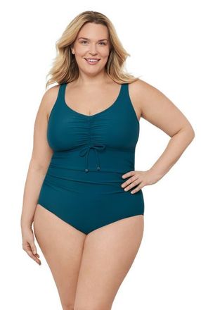 Aqua Green Plus Size Cinch V-neck Side Shirred One-Piece Swimsuit in Lagoon at Nordstrom, Size 2X