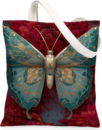 Generic Vintage Artistic Butterfly Canvas Tote Bags, Floral Design Reusable Shopping Bags, Lightweight Washable Shoulder Strap Canv, Red, 13x15 Inch