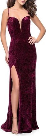 La Femme Crushed Velvet Form Fitting Gown with Leg Slit and Open Back in Wine at Nordstrom, Size 10
