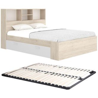 Vente-Unique Letto 140 x 190 cm Con vani portaoggetti Naturale e Bianco + Rete - VARDIEL