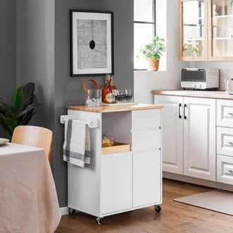 SoBuy Kitchen Trolley - Wood-Top & 2 Drawers Farmhouse in White