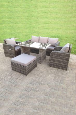 Fimous Rattan Garden Furniture Set Adjustable Chair Sofa Lounge 3 Seater Sofa Rectangular Dining Black Glass Table Footstool in Dark Grey