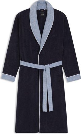 BOSS Navy cotton-velvet robe with textured trim