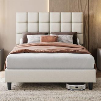 Yaheetech Yaheetech - Cama Tapizada De 140 X 200 Cm Cama De Matrimonio Con Cabecero Regulable En Altura Marco De Cama Tapizado Estable Con List&oacute;n De Madera, Col