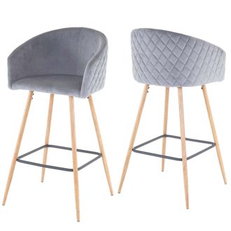 Hhg Hhg - Juego De 2 Taburetes De Bar 201, Taburete De Bar Taburete De Barra Taburete De Cocina Con Respaldo, Metal Aspecto Madera, Terciopelo, Gris