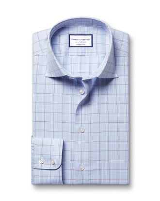 CHARLES TYRWHITT Luxury Prince Of Wales Checkered Cotton Formal Shirt - Sky Blue Single Cuff Size Small by Charles Tyrwhitt