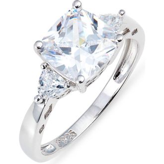 Nordstrom Cushion Cut Cubic Zirconia 3-Stone Ring in Clear- Platinum Plated at Nordstrom, Size 7