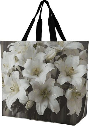 Generic White Lily Bouquet Shoulder Bag Reusable Shopping Bag Large Capacity Shoulder Bags For College Casual Picnic