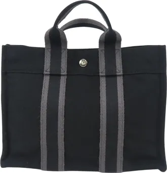 Herm&egrave;s Black Gray Cotton Canvas Tote Bag (Pre-Owned)
