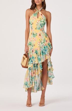ASTR the Label Bethina Floral Halter Neck High-Low Dress in Yellow Green Floral at Nordstrom, Size X-Small