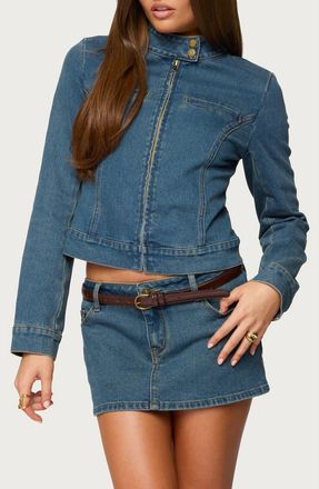 Edikted Josiee Crop Stretch Denim Jacket in Blue-Washed at Nordstrom, Size X-Small