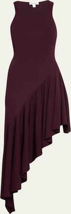 Alaia Asymmetric Ruffle Jersey Sleeveless Midi Dress