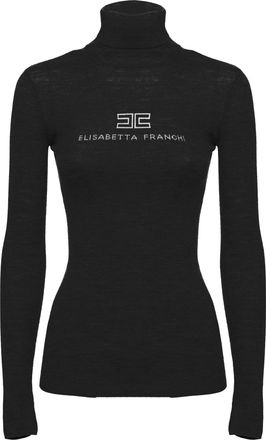 Elisabetta Franchi High Neck Rib Wool Sweater with Logo Embroidery