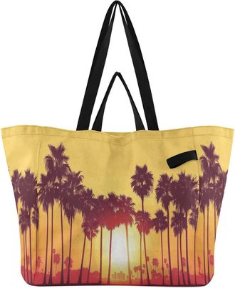 Generic Sunset Palm Tree Yellow pattern Reusable Canvas Tote Bag, Heavy Duty Grocery Shopping Bag with Double Handles Large Capacity Hard Bottom Work Grocerie
