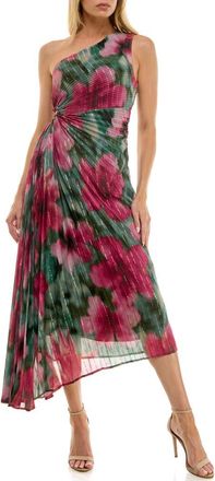 Socialite Floral Metallic Stripe One-Shoulder Pleated Dress in Olive/Magenta at Nordstrom, Size X-Large