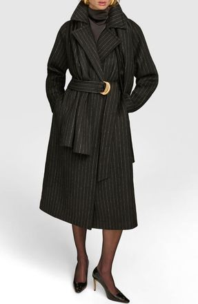 DKNY Wool Blend Coat with Scarf in Black Chalkstripe at Nordstrom, Size X-Small