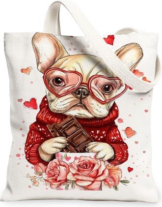 Generic ValentineS Dog Canvas Tote Bags, Adorable Puppy Floral Pattern Reusable Grocery Bags, Lightweight Washable Shoulder Strap, White, 13x15 Inch