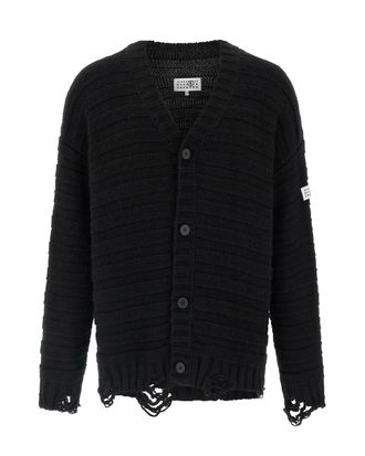 Maison Margiela Destroyed Black Cardigan with V-Neckline and Textured Knit