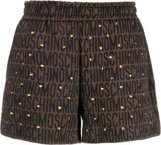 Moschino logo-print studded shorts - women - Cotton/Polyester - 36 - Brown