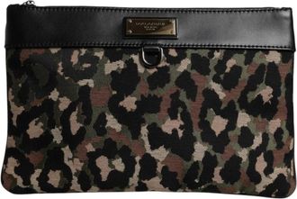 Dolce & Gabbana Leopard Jacquard Print Logo Plaque Pouch Bag - Heren - Tassen - Veelkleurig - ONE Size - Katoen - Tassen