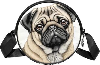 Generic Circle Crossbody Bag for Women, Pug Dog Small Sling Bag Daypack with Zipper Adjustable Shoulder Straps Casual Ladies Girls Round Purse