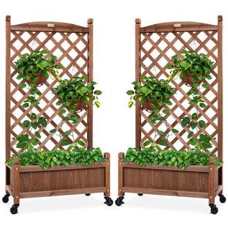 Best Choice Products Set of 2 48in Wood Planter Box & Diamond Lattice Trellis, w/ Drainage, Optional Wheels