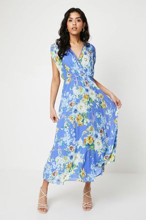 Oasis Womens Petite Occasion Floral Pleated Wrap Midaxi Dress - Blue - Size 10 UK