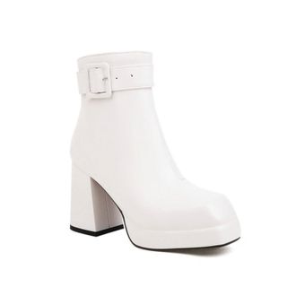 Generic Womens Buckle Strap Platform Ankle Boots Square Toe Chunky Heel Booties Fashion Style for Party,White,6.5 UK