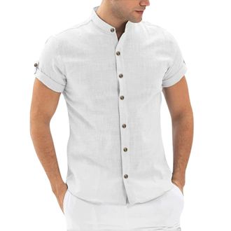 Generic Mens Short Sleeve Grandad Collar Shirt - Mens Linen Shirts Short Sleeve, Casual Plus Size Loose Fit Shirt Mens Solid Color Casual Shirts Button Down T