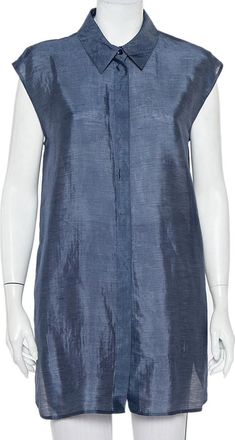 Armani Navy Blue Striped Linen & Silk Sleeveless Long Shirt