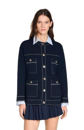 Sandro Contrast stitch cardigan in Navy Blue at Nordstrom, Size X-Small