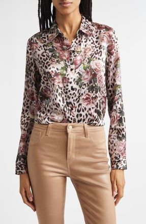 L'agence Tyler Leopard Rose Print Silk Button-Up Shirt in Small Rose Cheetah at Nordstrom, Size Xx-Large