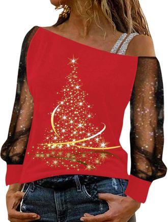 Generic Christmas Jumpers for Women,Christmas Sweatshirt for Women Sparkly Off The Shoulder Tops Plus Size Casual Long Sleeve Pullover Red Wine Glass Reindeer