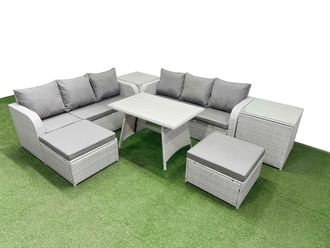 Fimous Rattan High Back Lounge Sofa Set with 2 Side Tables 2 Big Stool in Light Grey
