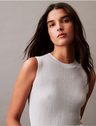 Calvin Klein Womens Stripe Viscose Shine Sweater Tank - Neutral - XS