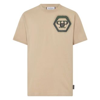 Philipp Plein Tops, Heren, Beige, XL, Katoen, Ronde Hals T-Shirt Spray Hexagon