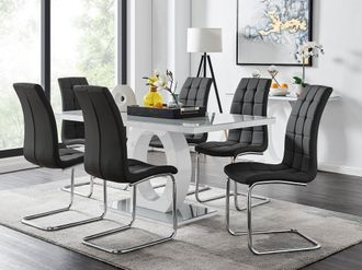 Furniturebox Giovani 6-Seater Grey Glass Dining Table & 6 Murano Faux Leather Dining Chairs in Black