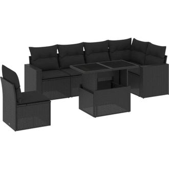 vidaXL Set De Sof&aacute;s De Jard&iacute;n 7 Pzas Con Cojines Rat&aacute;n Sint&eacute;tico Negro Vidaxl