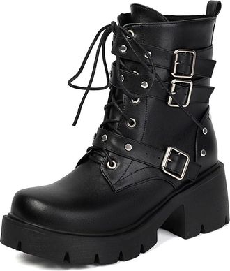Generic Womens Lace Up Combat Boots with Buckle Patent Leather Short Boots with Zipper Chunky Heel Platform Short Boot,Black2,7.5 UK